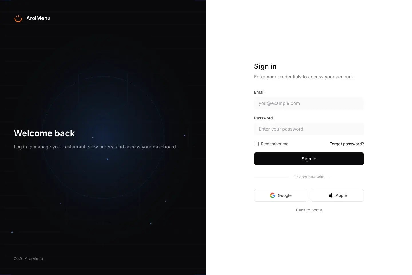AroiMenu public sign-in screen with empty fields