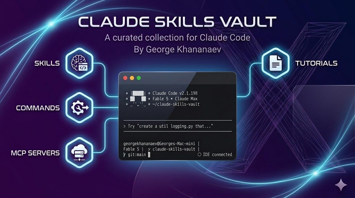 Claude Skills Vault repository artwork showing skills, commands, MCP servers, and tutorials around a terminal