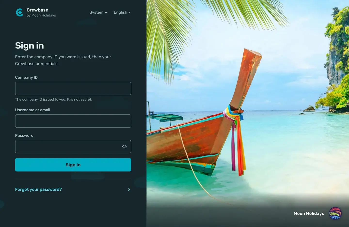 Crewbase public sign-in screen with empty fields