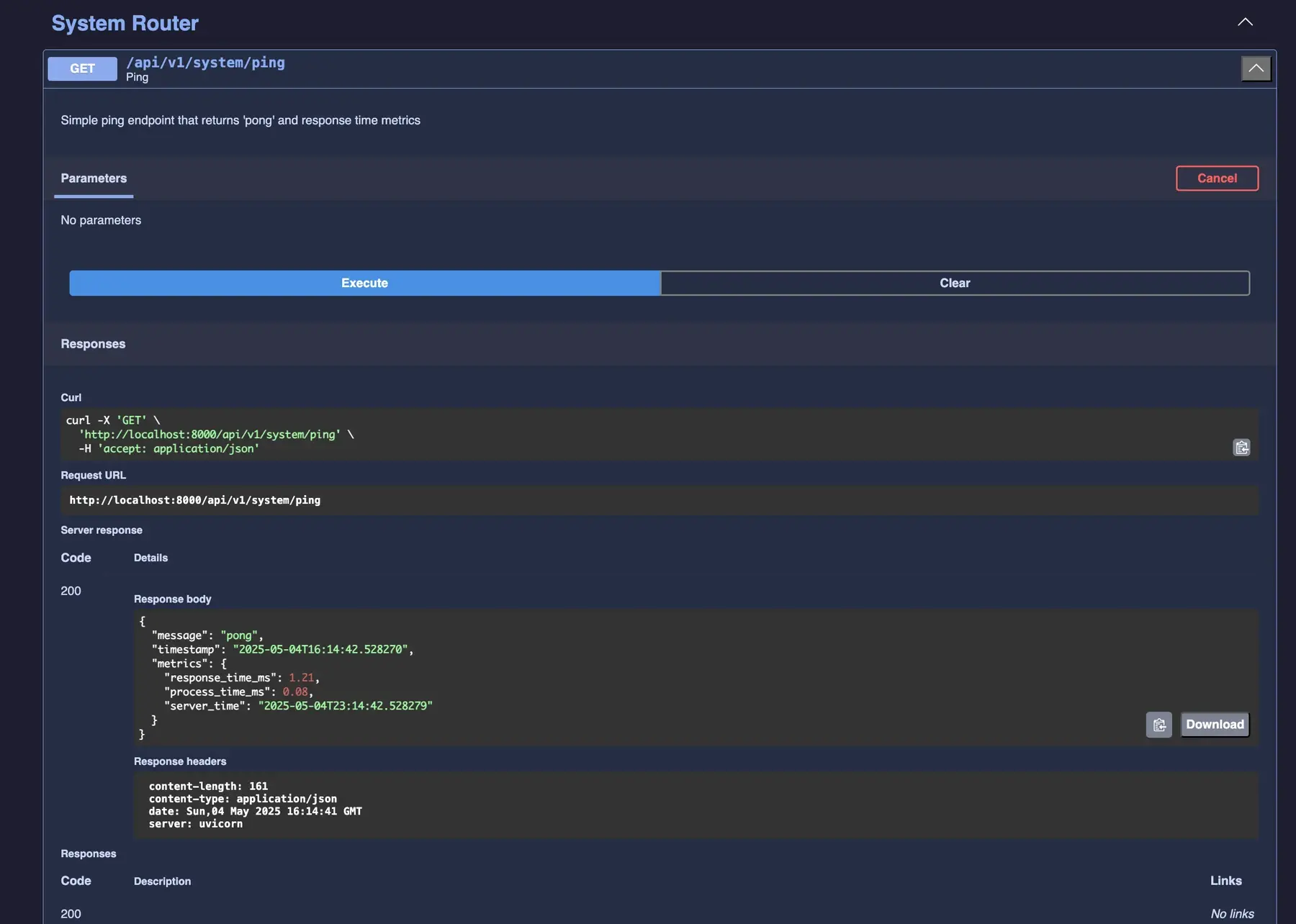 Dark-themed Swagger UI from the FastAPI starter repository, showing an interactive documentation example