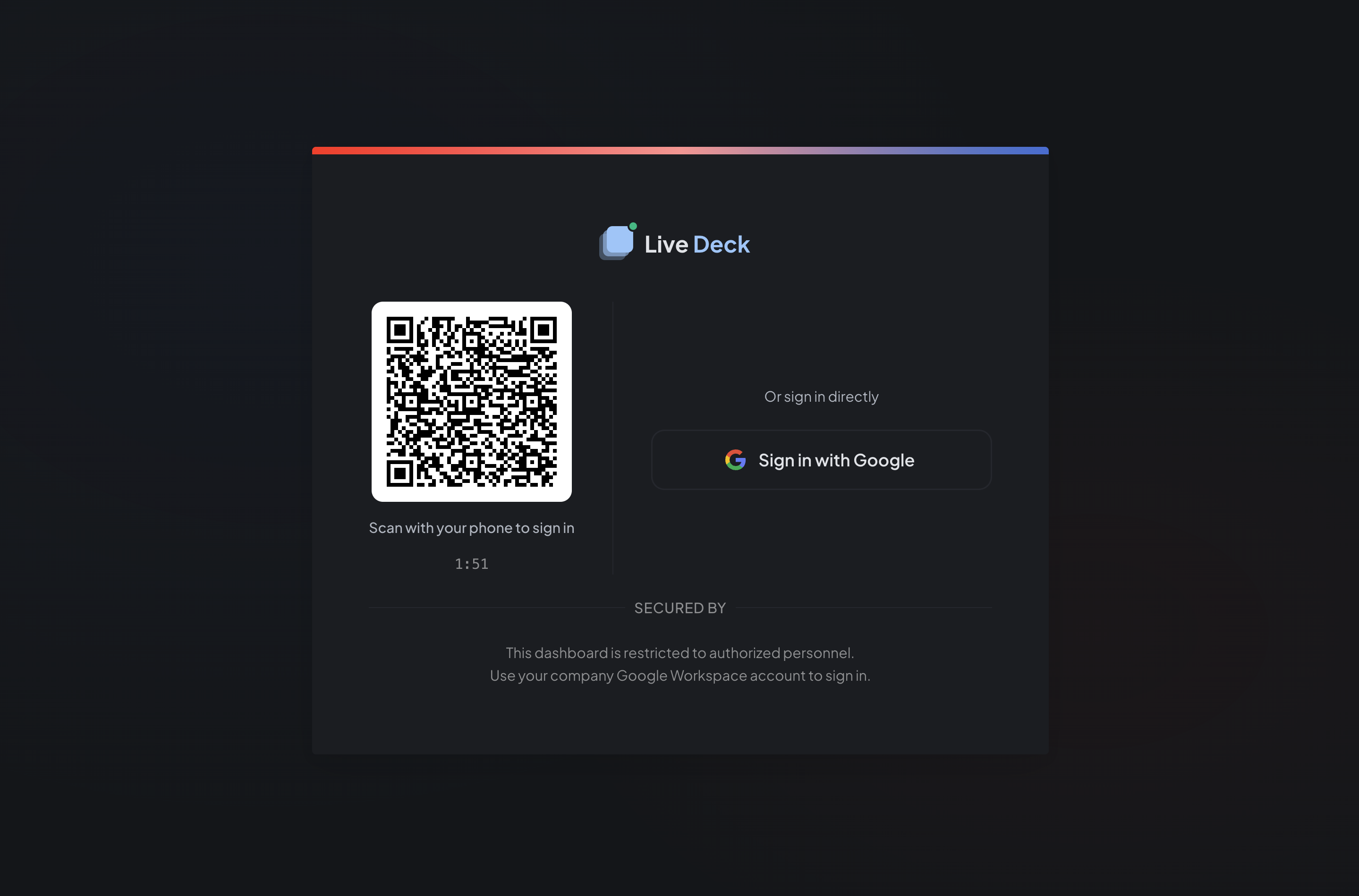 Live Deck sign-in screen offering QR-code sign-in by phone and direct Google sign-in