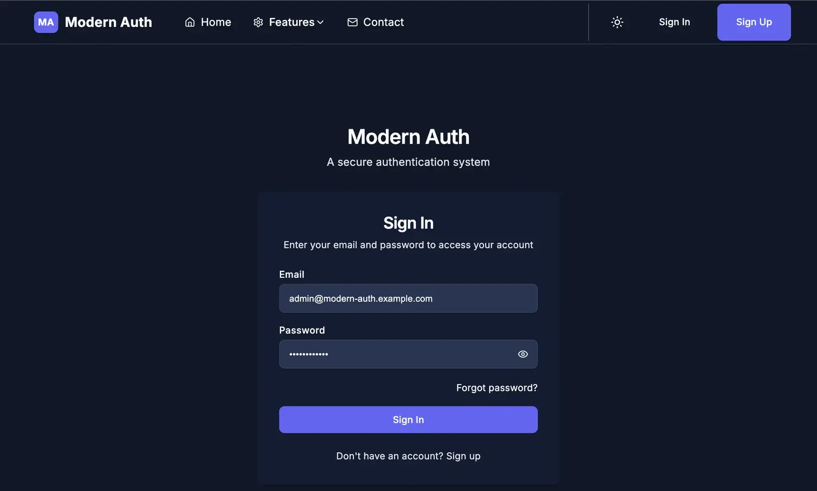 Modern Auth dark demo sign-in interface, with the public demo credential panel omitted