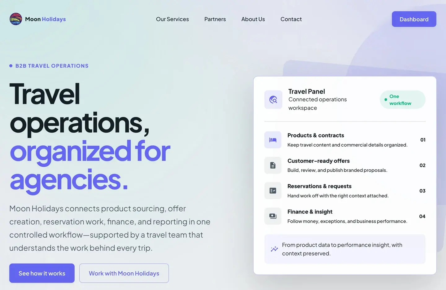 Moon Holidays public website, representing the organization rather than its private application