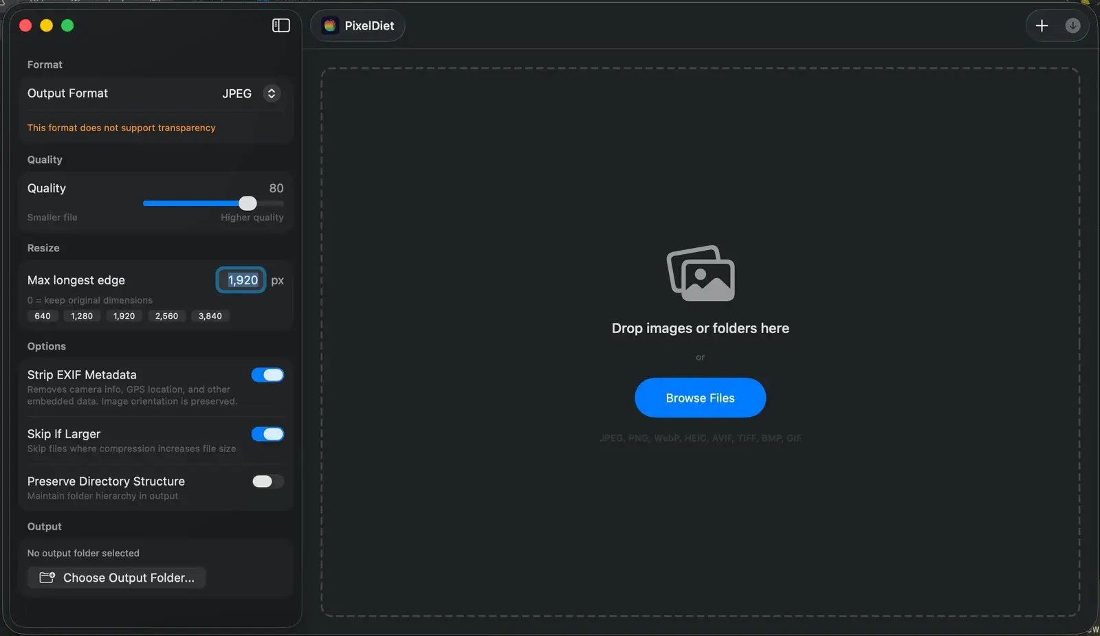 PixelDiet workspace with image format, quality, resizing and metadata controls