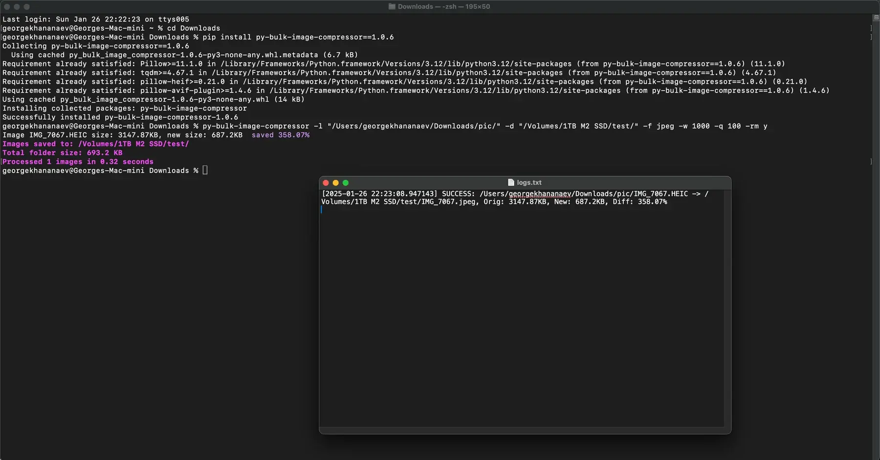 Python Bulk Image Compressor running in a terminal, with installation, compression output and a log window