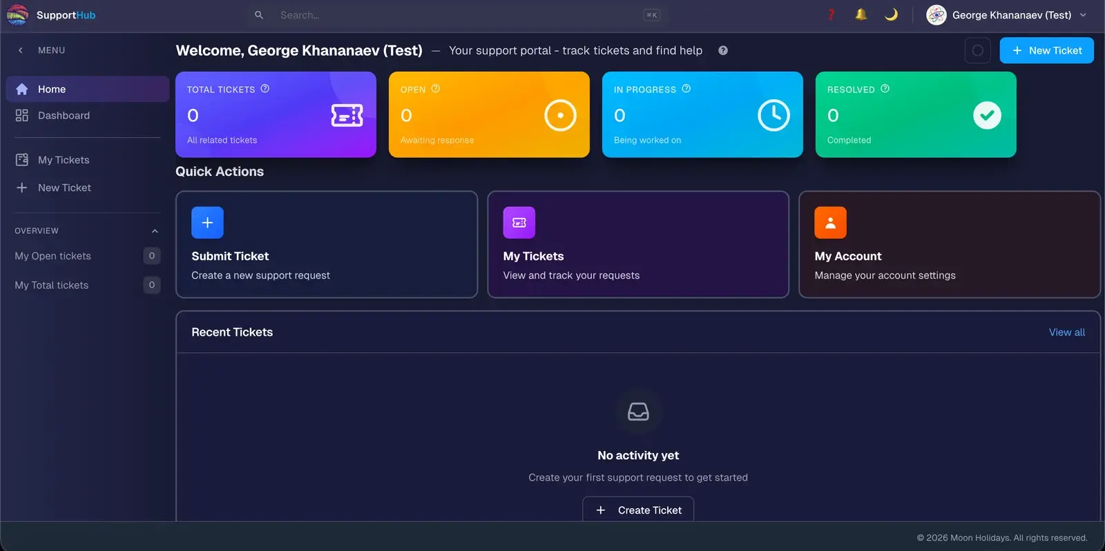 Support Hub empty test workspace with ticket status cards