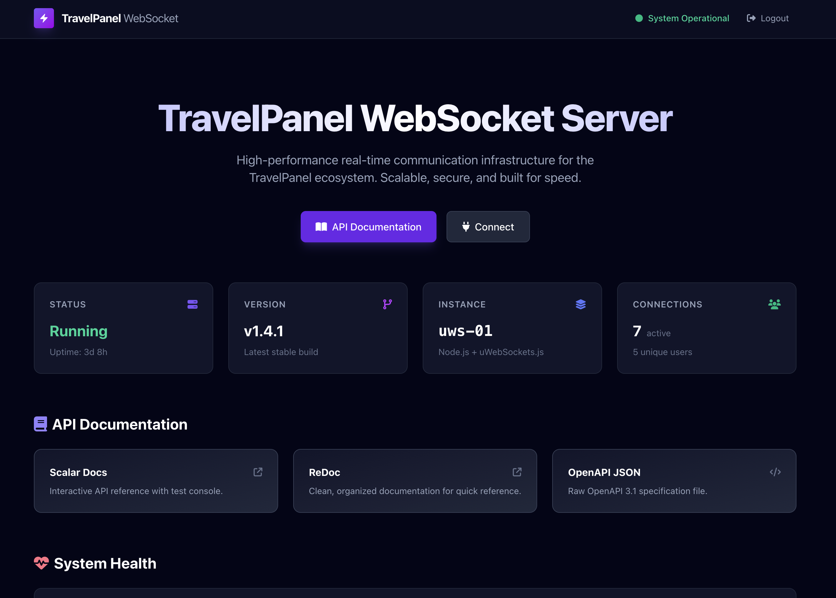 TravelPanel WebSocket Server dashboard showing service status, connection activity, and developer documentation
