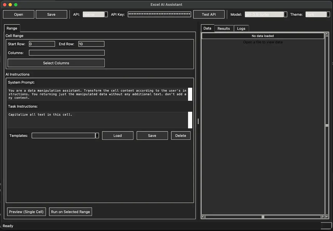 Excel AI Assistant with spreadsheet selection and an empty data preview