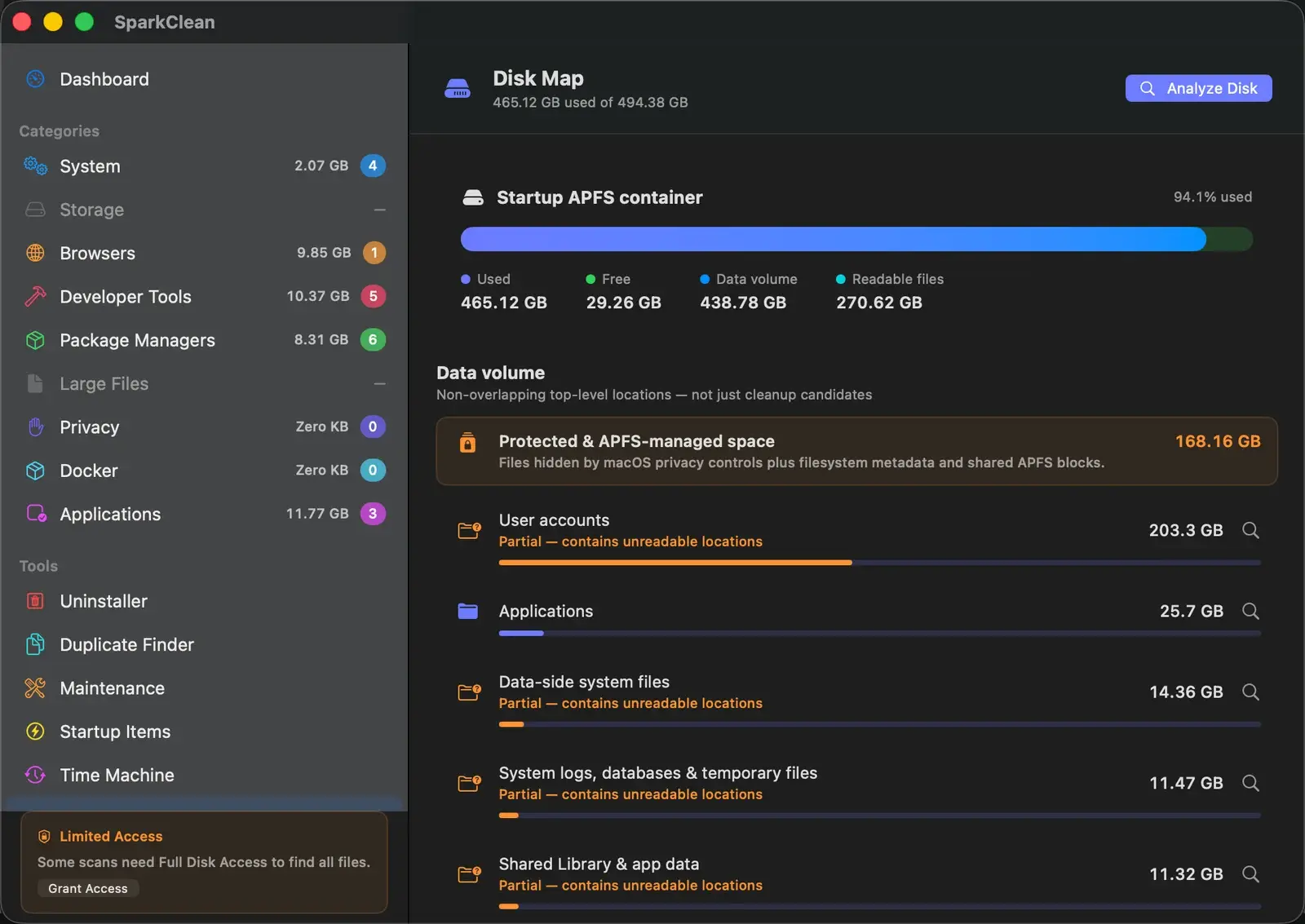 Spark Clean Disk Map showing storage categories and their disk usage